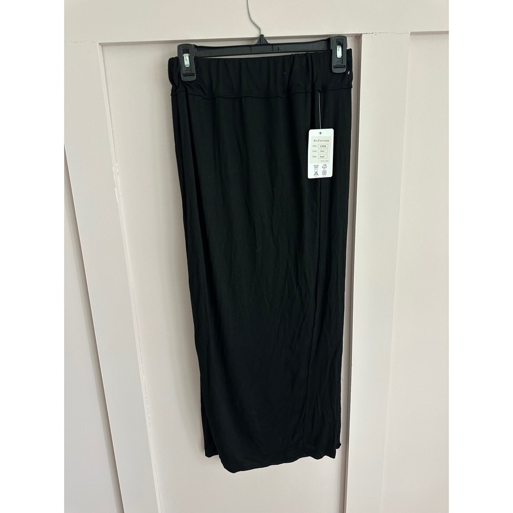 AvaCostume Black Maxi Skirt High Slit Elastic Waist Jersey‎ Wrap Front Small